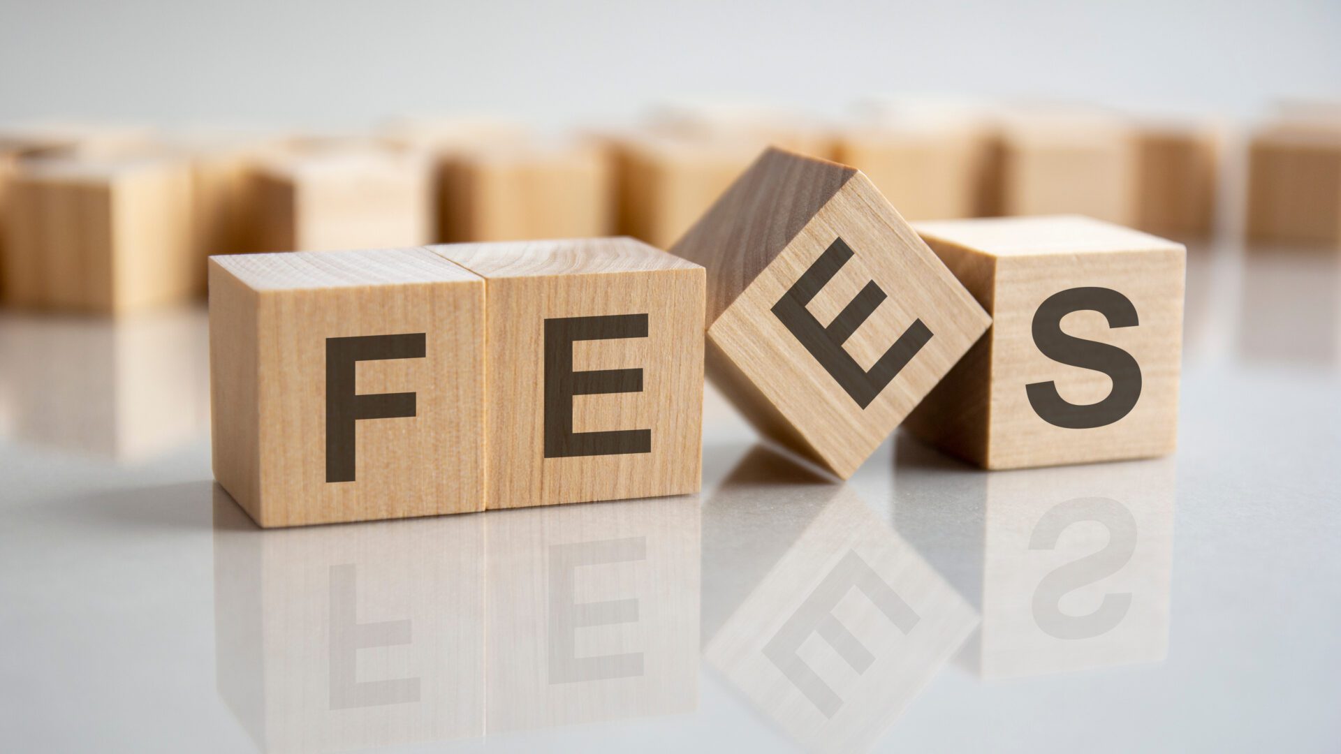 word FEES on wooden cubes, gray background word FEES on wooden cubes, gray background
